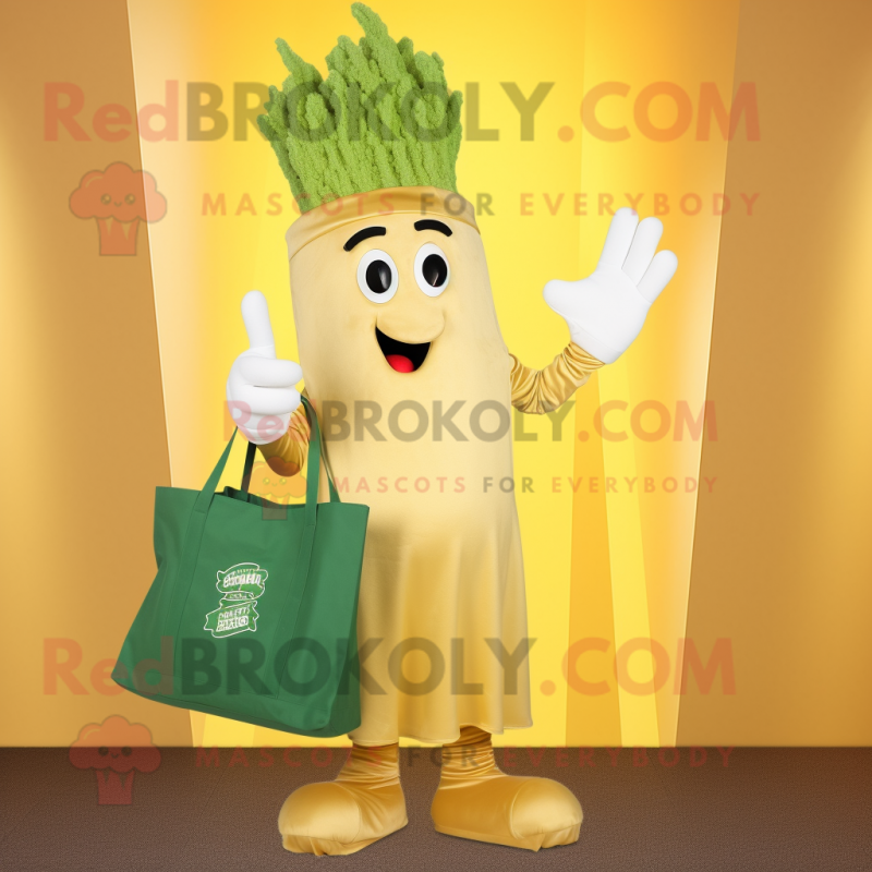 Gold Celery mascot costume character dressed with a T-Shirt and Tote bags Gold Celery mascot costume character dressed with a T-Shirt and Tote bags
