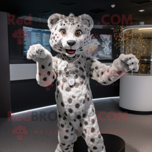 Silver Leopard mascot costume character dressed with a Playsuit and Earrings