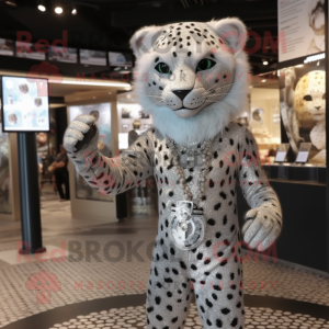 Silver Leopard mascot costume character dressed with a Playsuit and Earrings