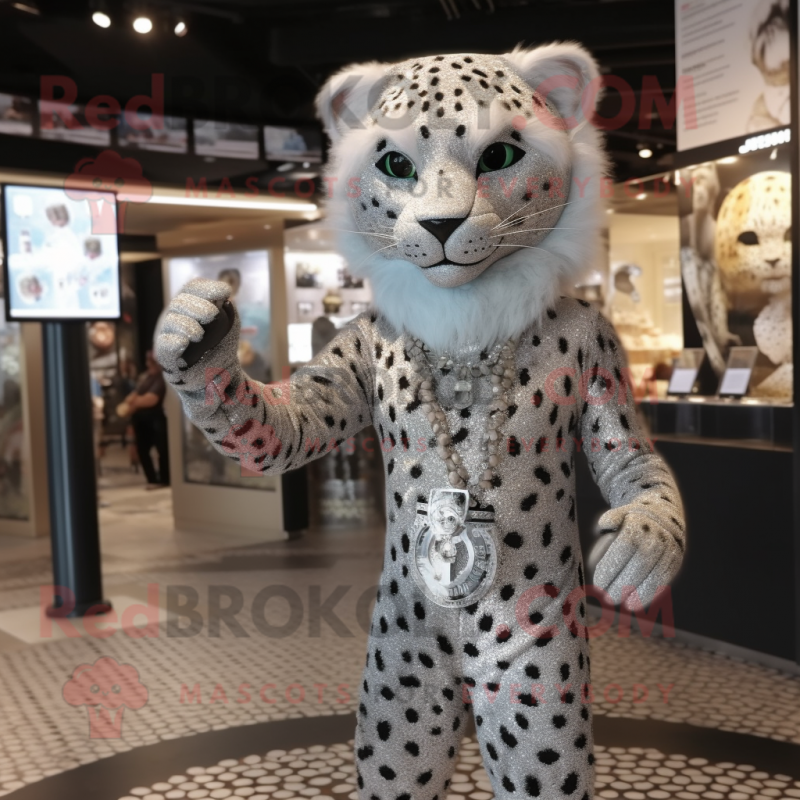 Silver Leopard mascot costume character dressed with a Playsuit and Earrings