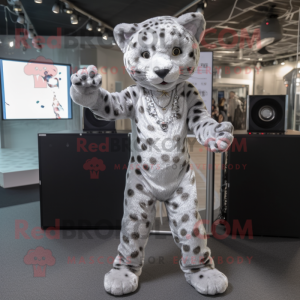 Silver Leopard mascot costume character dressed with a Playsuit and Earrings