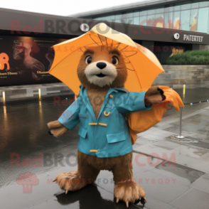 Rust Otter mascot costume character dressed with a Raincoat and Messenger bags