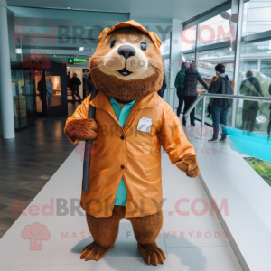 Rust Otter mascot costume character dressed with a Raincoat and Messenger bags