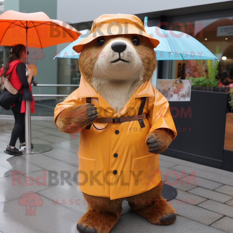 Rust Otter mascot costume character dressed with a Raincoat and Messenger bags