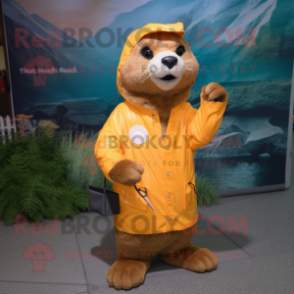 Rust Otter mascot costume character dressed with a Raincoat and Messenger bags