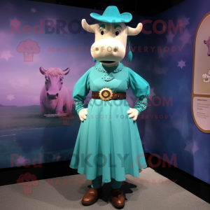 Teal Cow mascot costume character dressed with a Empire Waist Dress and Berets