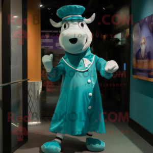 Teal Cow mascot costume character dressed with a Empire Waist Dress and Berets