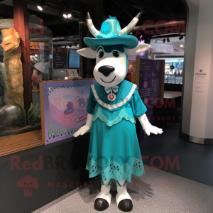 Teal Cow mascot costume character dressed with a Empire Waist Dress and Berets