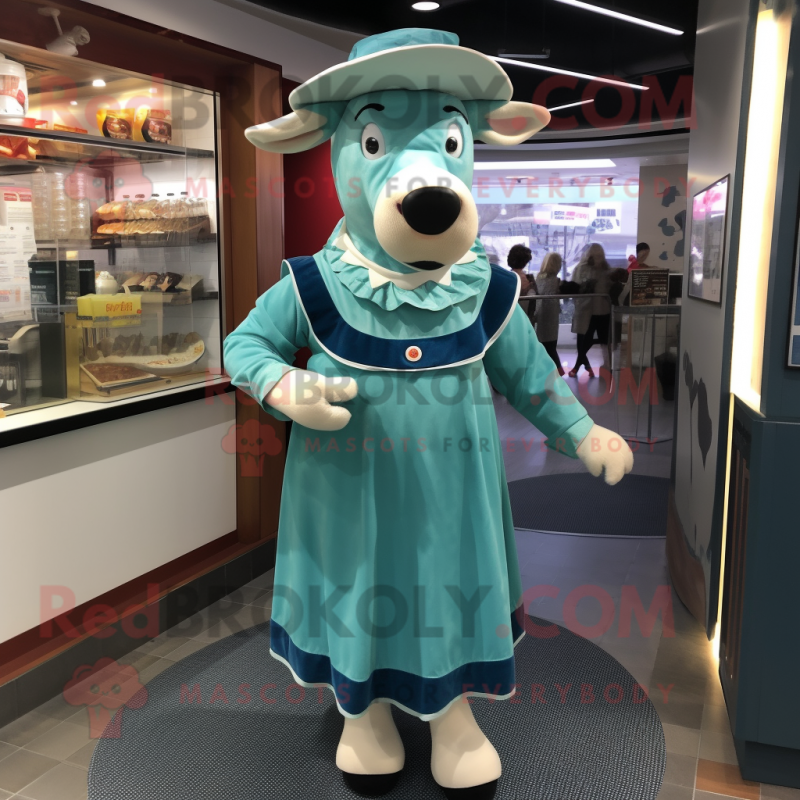 Teal Cow mascot costume character dressed with a Empire Waist Dress and Berets Teal Cow mascot costume character dressed with a Empire Waist Dress and Berets