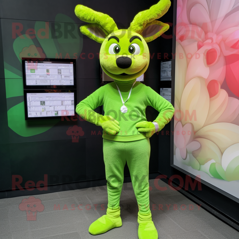 Lime Green Deer mascot costume character dressed with a Sweatshirt and Digital watches