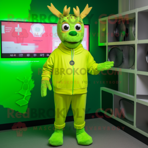 Lime Green Deer mascot costume character dressed with a Sweatshirt and Digital watches