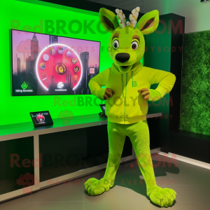 Lime Green Deer mascot costume character dressed with a Sweatshirt and Digital watches