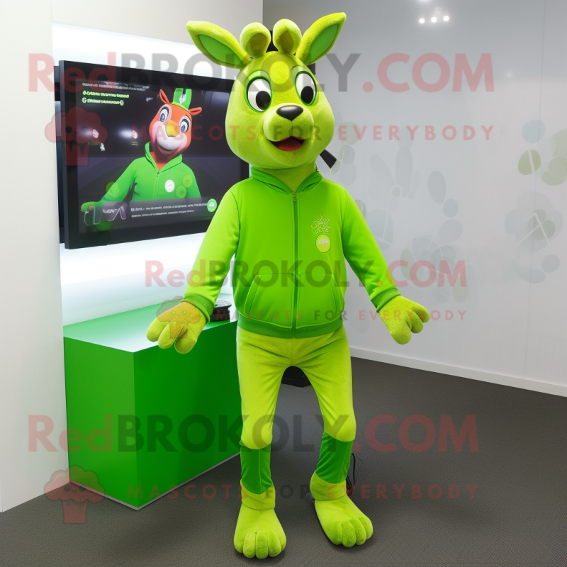 Lime Green Deer mascot costume character dressed with a Sweatshirt and Digital watches