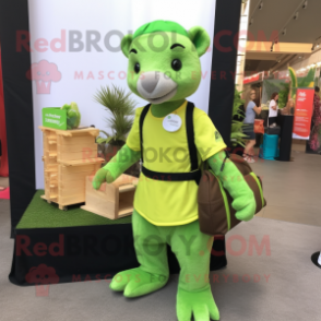 Lime Green Mongoose mascot costume character dressed with a Overalls and Tote bags