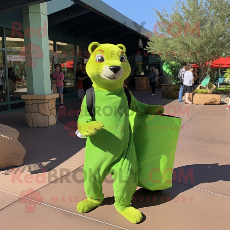 Lime Green Mongoose mascot costume character dressed with a Overalls and Tote bags