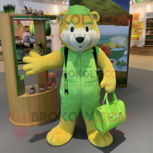 Lime Green Mongoose mascot costume character dressed with a Overalls and Tote bags