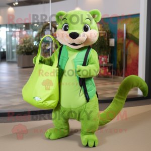 Lime Green Mongoose mascot costume character dressed with a Overalls and Tote bags