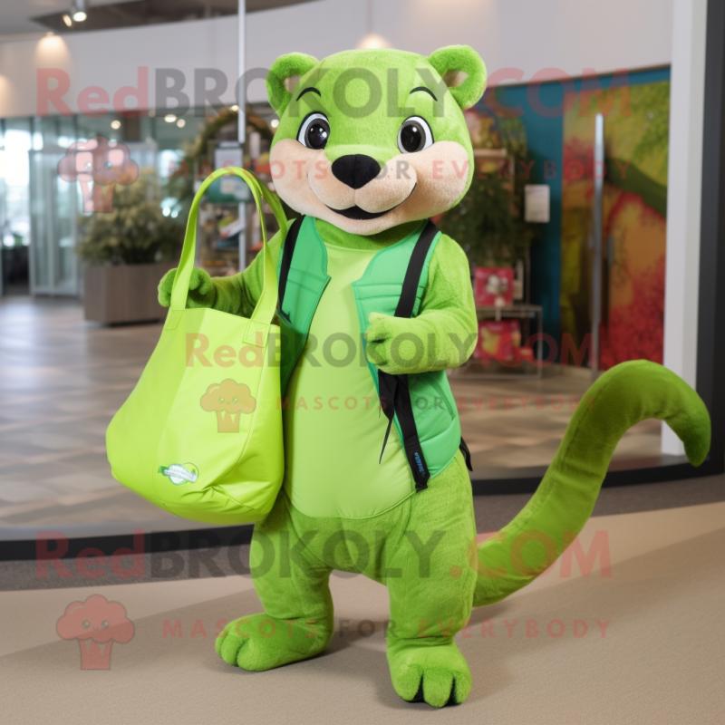 Lime Green Mongoose mascot costume character dressed with a Overalls and Tote bags Lime Green Mongoose mascot costume character dressed with a Overalls and Tote bags