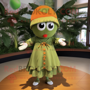Olive Mandarin mascot costume character dressed with a Circle Skirt and Brooches