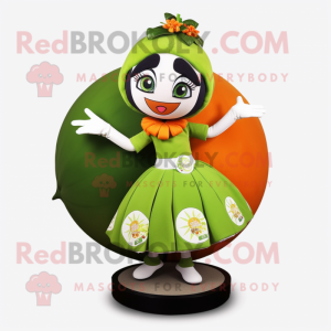 Olive Mandarin mascot costume character dressed with a Circle Skirt and Brooches