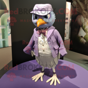 Lavender Quail mascot costume character dressed with a Jacket and Anklets