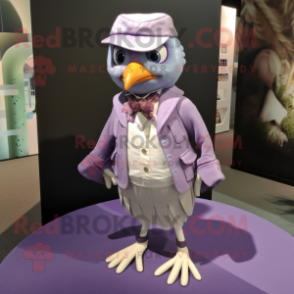 Lavender Quail mascot costume character dressed with a Jacket and Anklets