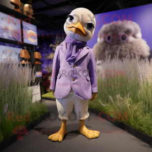 Lavender Quail mascot costume character dressed with a Jacket and Anklets