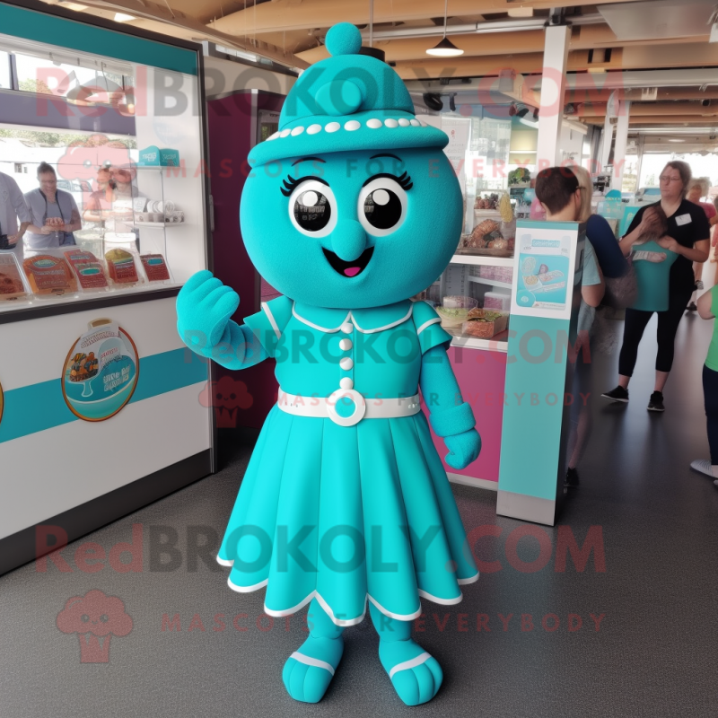 Teal Ice Cream mascot costume character dressed with a Shift Dress and Bracelet watches Teal Ice Cream mascot costume character dressed with a Shift Dress and Bracelet watches