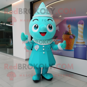 Teal Ice Cream mascot costume character dressed with a Shift Dress and Bracelet watches