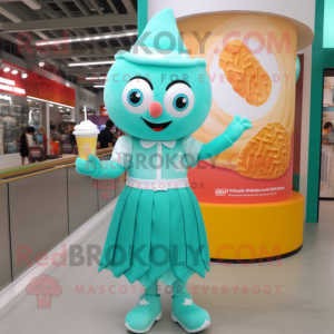 Teal Ice Cream mascot costume character dressed with a Shift Dress and Bracelet watches