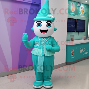 Teal Ice Cream mascot costume character dressed with a Shift Dress and Bracelet watches
