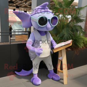 Lavender Stingray mascot costume character dressed with a Skinny Jeans and Reading glasses
