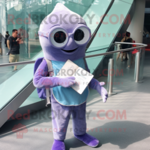 Lavender Stingray mascot costume character dressed with a Skinny Jeans and Reading glasses