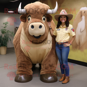 Tan Buffalo mascot costume character dressed with a Mom Jeans and Foot pads