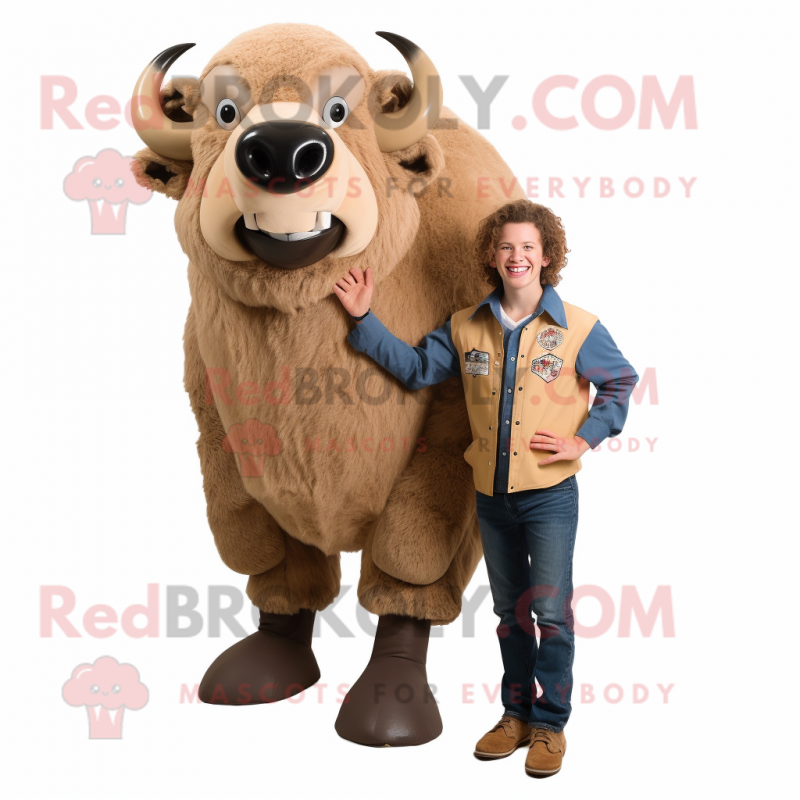 Tan Buffalo mascot costume character dressed with a Mom Jeans and Foot pads Tan Buffalo mascot costume character dressed with a Mom Jeans and Foot pads