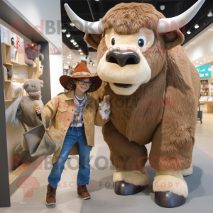 Tan Buffalo mascot costume character dressed with a Mom Jeans and Foot pads