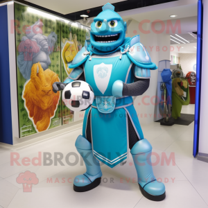 Cyan Medieval Knight mascot costume character dressed with a Ball Gown and Coin purses