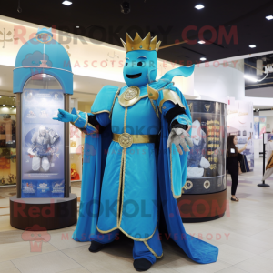 Cyan Medieval Knight mascot costume character dressed with a Ball Gown and Coin purses