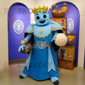 Cyan Medieval Knight mascot costume character dressed with a Ball Gown and Coin purses