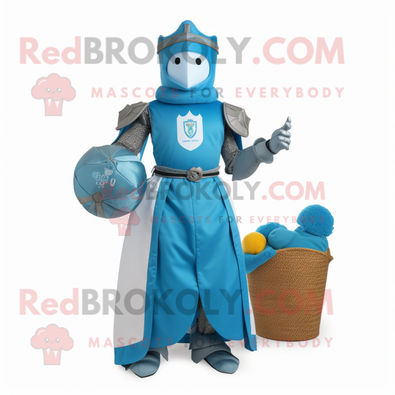 Cyan Medieval Knight mascot costume character dressed with a Ball Gown and Coin purses