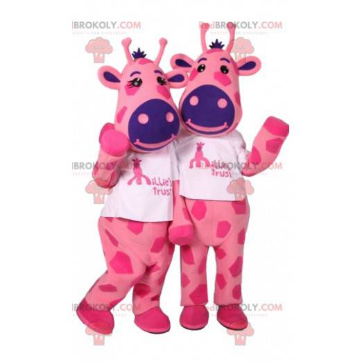 Mascoter af to lyserøde giraffer med lilla pletter -