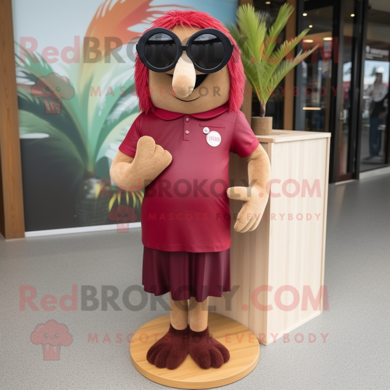 Maroon Kiwi mascot costume character dressed with a Shift Dress and Sunglasses