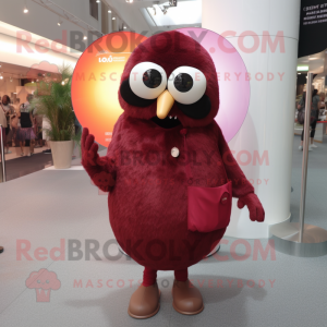 Maroon Kiwi mascot costume character dressed with a Shift Dress and Sunglasses
