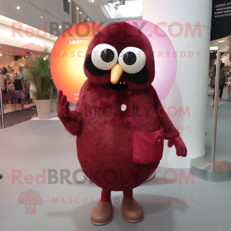 Maroon Kiwi mascot costume character dressed with a Shift Dress and Sunglasses