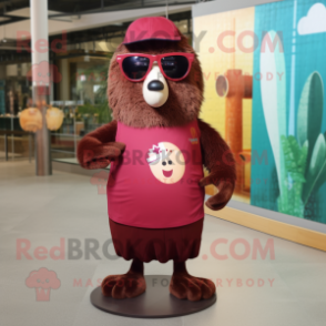 Maroon Kiwi mascot costume character dressed with a Shift Dress and Sunglasses