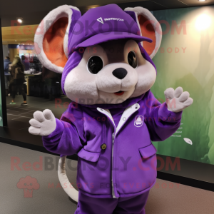 Purple Dormouse mascot costume character dressed with a Parka and Caps