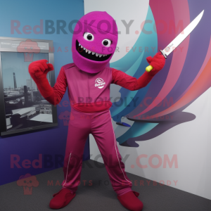 Magenta Knife Thrower mascot costume character dressed with a Long Sleeve Tee and Gloves