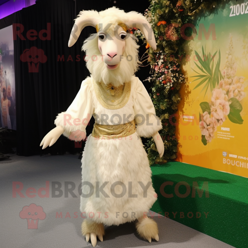 Cream Angora Goat mascot costume character dressed with a Evening Gown and Headbands