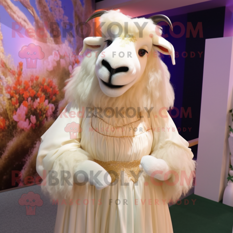 Cream Angora Goat mascot costume character dressed with a Evening Gown and Headbands