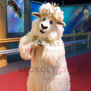 Cream Angora Goat mascot costume character dressed with a Evening Gown and Headbands